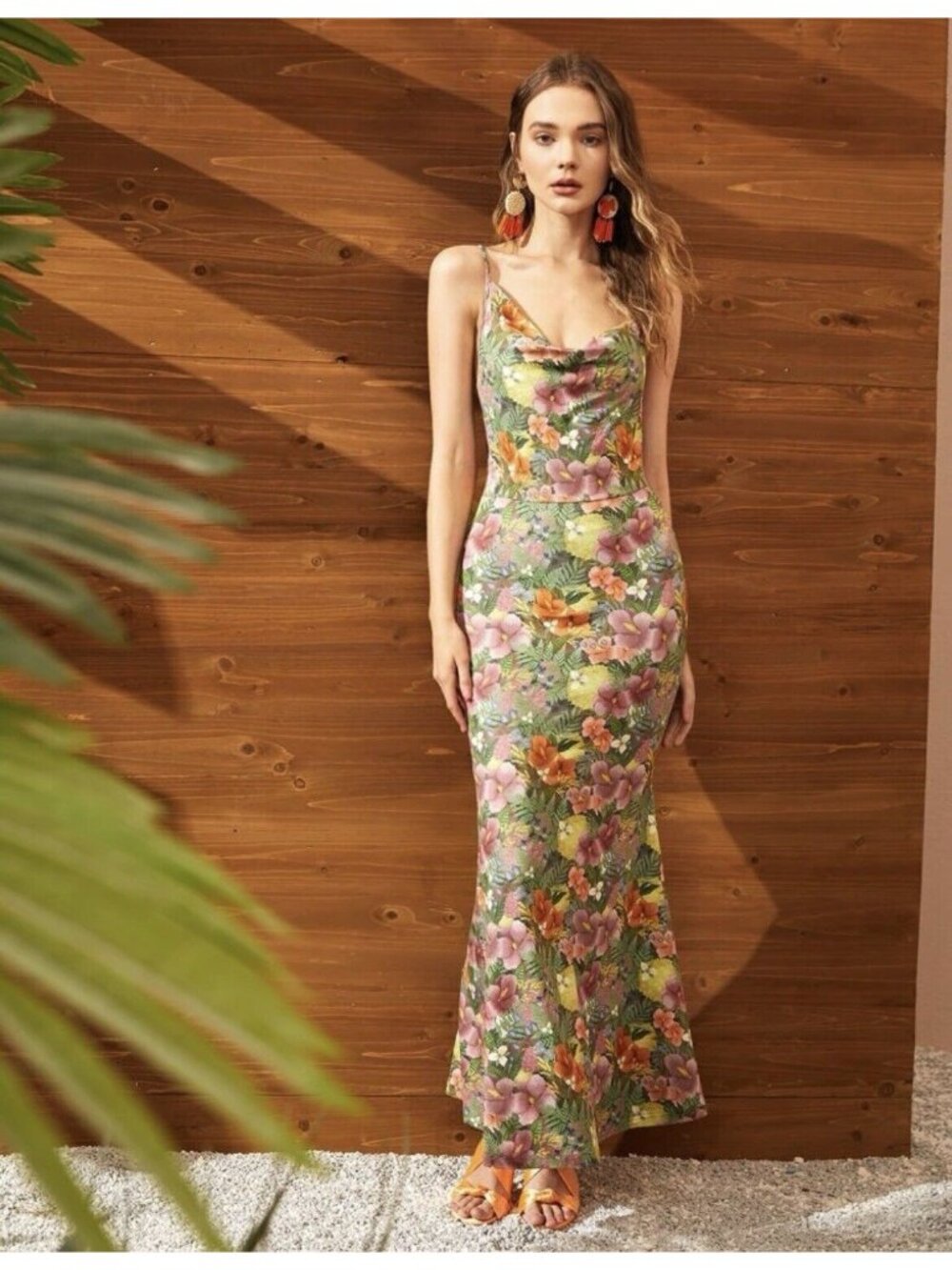 Sleeveless Cami Stretch Fitted Maxi Dress Floral Tropical NEW  Drape Summer 6 M